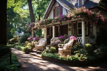 Colonial house with balcony and well maintained garden., generative IA