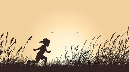 Silhouette of a little girl running through a field of tall grass at sunset.