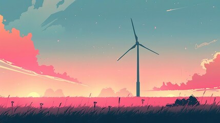 Single wind turbine silhouetted against a vibrant pink sunset.