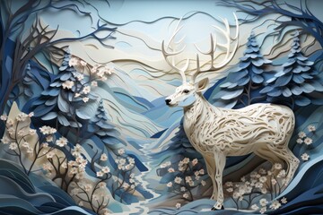 Fototapeta premium A delicate paper sculpture of a deer gracefully standing amidst a vibrant forest of colorful flowers and lush trees.