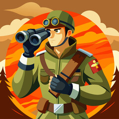 Soldier with binoculars vector silhouette illustration 
