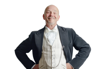 Smiling Bald Senior Man in Formal Suit and Bow Tie with Hands on Hips on White Background