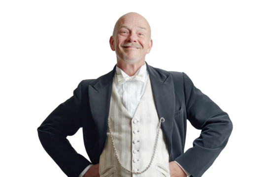 Smiling Bald Senior Man in Formal Suit and Bow Tie with Hands on Hips on White Background