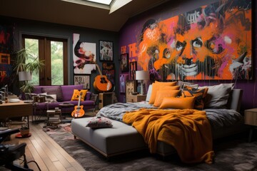 Vibrant teenager with band posters., generative IA