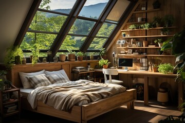 Guest room with desk and cozy bed., generative IA