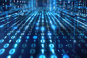 Background filled with cascading binary code, creating a digital and futuristic atmosphere, ideal for technology and programming themes