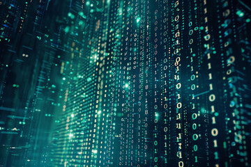 Background filled with cascading binary code, creating a digital and futuristic atmosphere, ideal for technology and programming themes