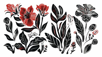 Fototapeta premium abstract flowers and leaves set . botanical linocut plant and organic elements. Ai generative