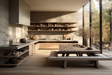 Minimalist kitchen with cabinets embedded in neutral tones., generative IA