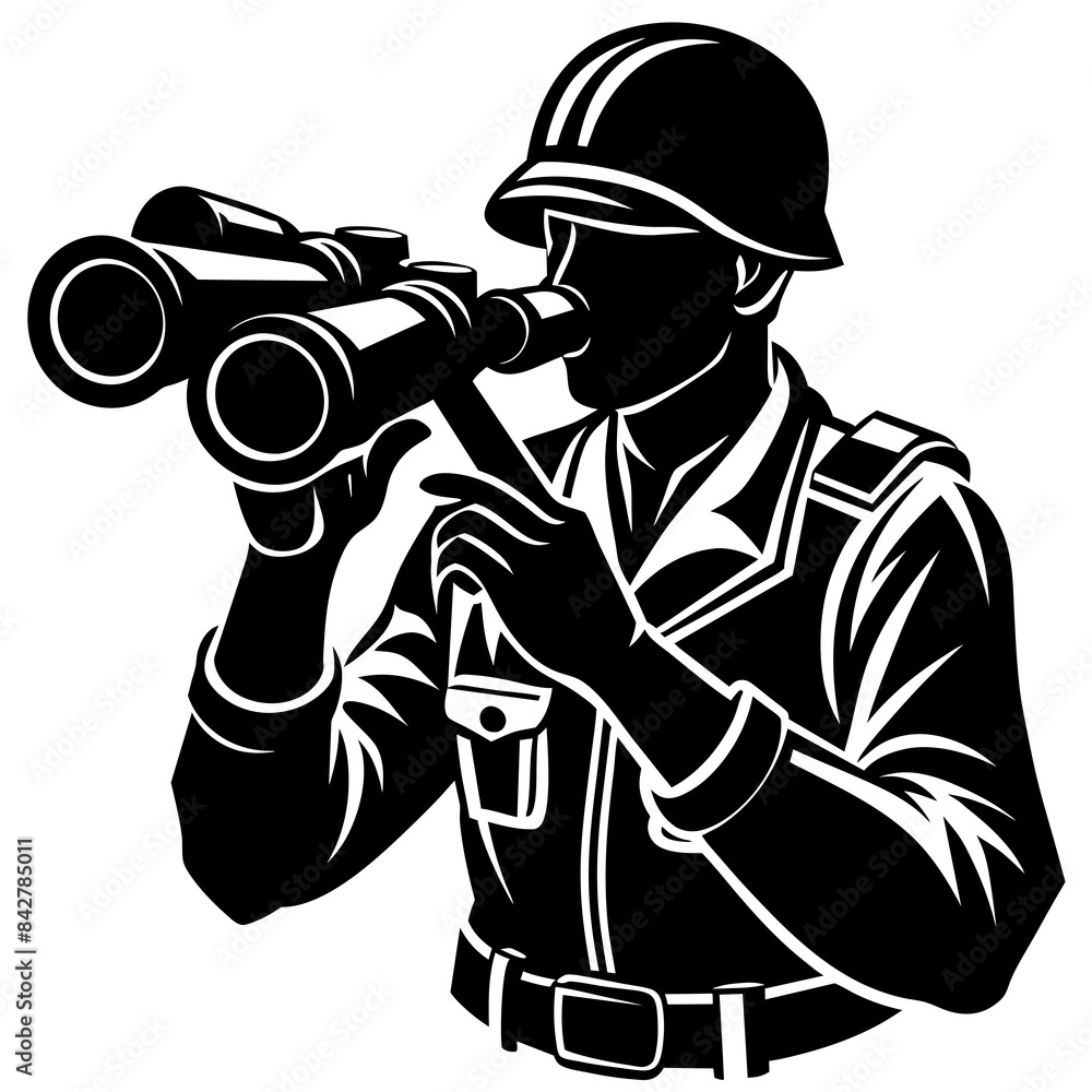 Sticker Soldier with binoculars vector silhouette illustration 
