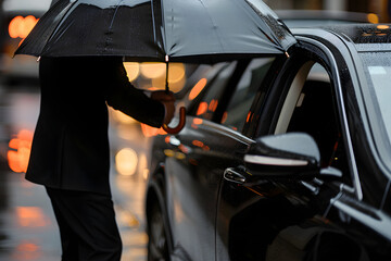 Chauffeur holding an umbrella and opening the car door for a passenger, representing premium and attentive taxi services 