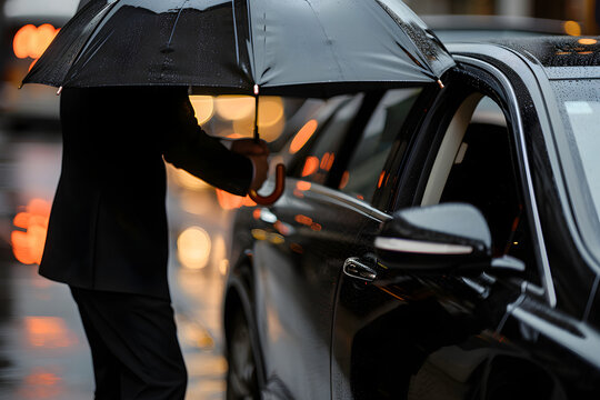Chauffeur holding an umbrella and opening the car door for a passenger, representing premium and attentive taxi services 