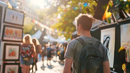 Young Caucasian man with backpack exploring outdoor art market on sunny day, surrounded by people and colorful paintings