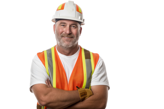 Smiling Senior Construction Worker in Hard Hat and Safety Vest on White Background