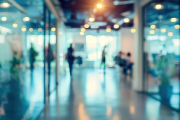 Blurred View of Busy Office Hallway with People