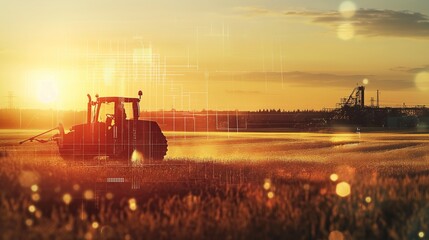 Fototapeta premium Farmer Overseeing Tractor Spraying Field at Sunset, Smart Agriculture Concept