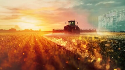 Fototapeta premium Tractor Spraying Crops at Dusk, Integrating Advanced Agricultural Systems
