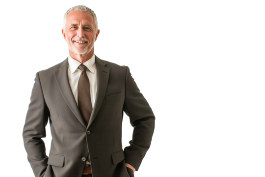 Confident Senior Businessman in Brown Suit with Hands in Pockets on White Background