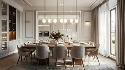 Fototapeta premium An elegant dining room with a long wooden table, upholstered chairs, and a statement light fixture hanging above, inviting guests to gather for a meal
