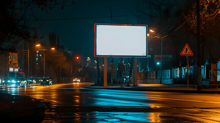 billboard at night in street, blank square billboard mockup
