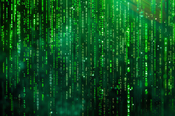 Background filled with cascading binary code, creating a digital and futuristic atmosphere, ideal for technology and programming themes