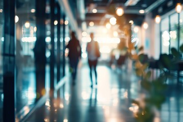 Blurred view of business professionals walking in a modern office corridor