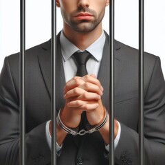 Man in Suit Behind Bars with Hands Clasped Isolated, Financial fraud