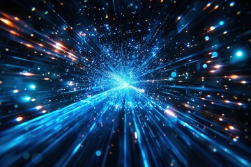 Naklejka premium A blue light speed tunnel with stars and lights, a speed of light background, a starry sky background, a data technology concept