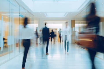 Blurred Motion of Busy Professionals in Modern Office Corridor