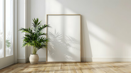 frame mockup poster on the wooden floor in the corner of the living room leaning on the white wall