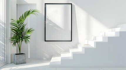 Mockup poster black frame in the corner of stairs Modern Scandi clean white wood style interior design, minimalist style apartment house background