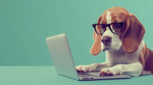clever beagle dog using laptop funny business concept anthropomorphic animal digital illustration