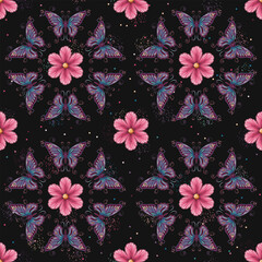 Seamless colorful pattern with circular ornament with chamomile flower in center, fantasy colored butterfly with curled antennae. Geometric background. Art Nouveau style.