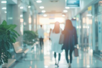 Abstract Blurred View of People Walking in Hospital Hallway