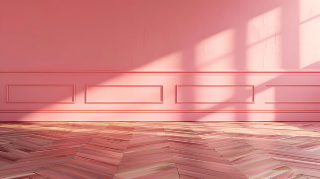 Pink wall background , mock up room, parquet floor