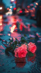 pink roses on the street, with lights reflecting in puddles next to them