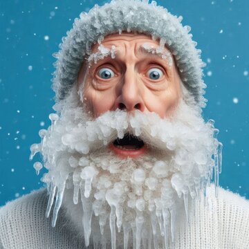 surprised Old man with frozen beard full of icicles Isolated