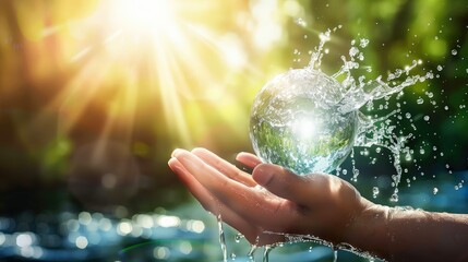 hand holds a crystal water drop with sunlight and a green forest background, in the concept of World Water Day for a sustainable environment and future energy world or ecology concept