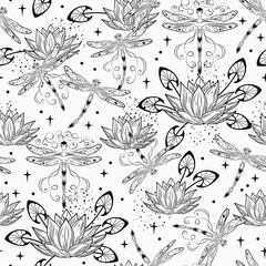 Black and white fantasy seamless pattern with lotus flower, flying fantasy dragonflies, dragonfly pixie, faerie, stars. Mysterious, fairytale concept. White background. Vintage style.