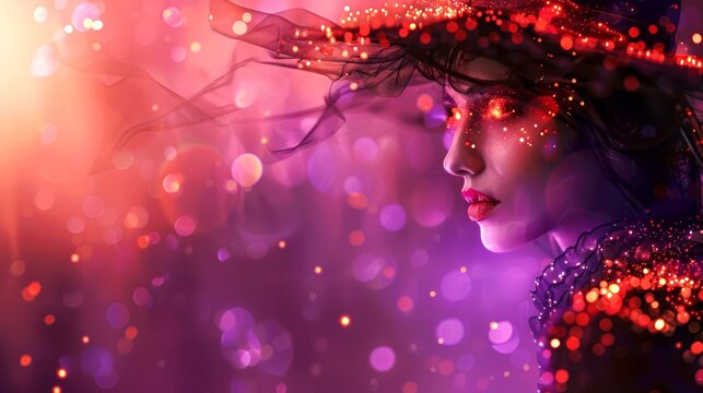 Enchanting witch with glowing eyes and red sparkles. Magical woman in a mystical, vibrant setting. Concept of magic, Halloween, fantasy, and enchantment. Copy spase