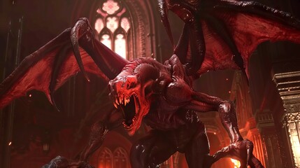 Red winged demon in a gothic cathedral interior. Concept of horror creature, fantasy monster, supernatural being, mythical beast. Halloween
