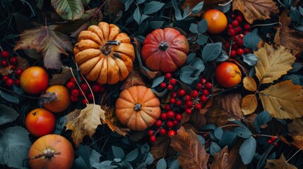 A bunch of small pumpkins sitting on top of leaves