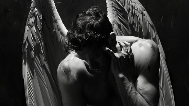 Sorrowful angel with large wings in monochrome. Sad man in a dark, contemplative pose. Concept of grief, fallen angel, solitude, and celestial being