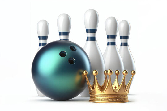 Bowling ball next to pins with a golden crown on it Isolated on white background
