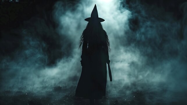 Silhouette of a woman wearing a witch hat in a misty forest. Concept of Halloween, dark magic, mystery, supernatural