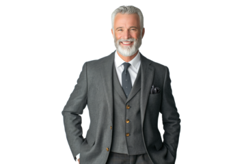 Smiling Senior Businessman in Gray Suit with Hands in Pockets Isolated on White