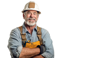 Smiling Senior Construction Worker in Hard Hat and Overalls Isolated on White