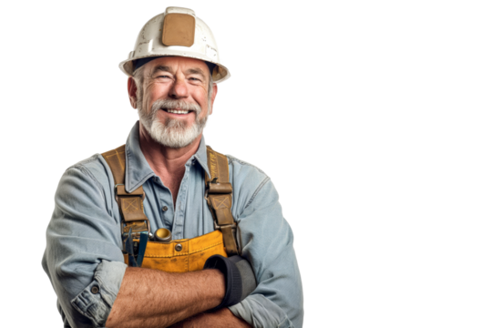 Smiling Senior Construction Worker in Hard Hat and Overalls Isolated on White