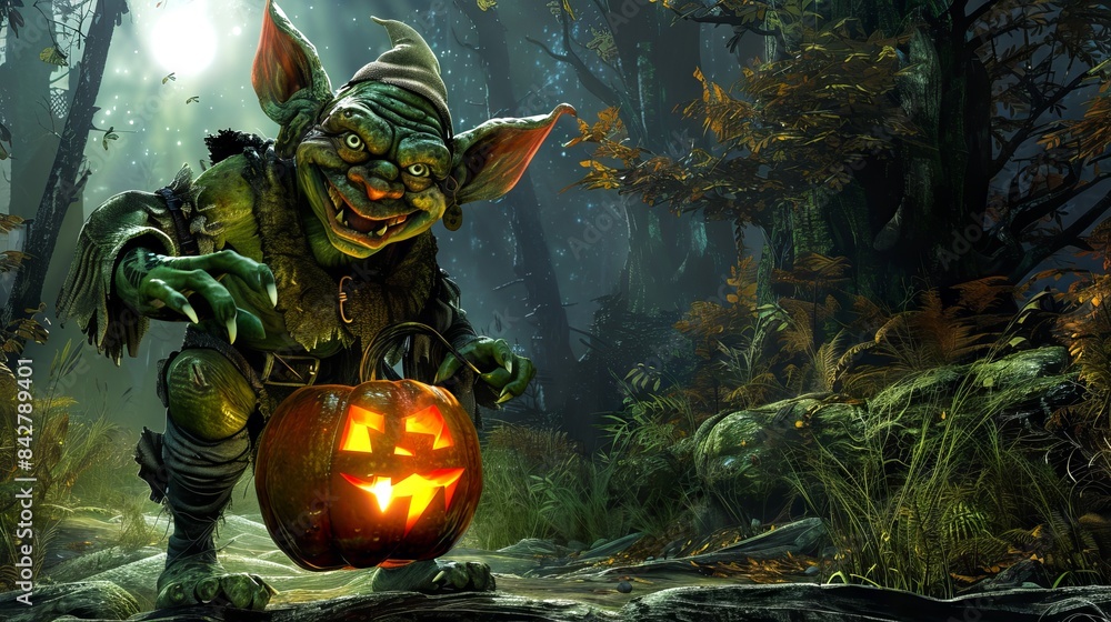 Wall mural green goblin carrying a jack-o-lantern in a spooky forest at night. concept of halloween, fantasy cr - Wall murals