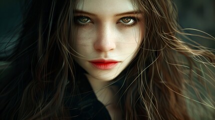 Naklejka premium Young female vampire with pale skin and an intense gaze. Mysterious woman with flowing hair and piercing eyes. Concept of horror, supernatural beauty, Halloween, and fantasy